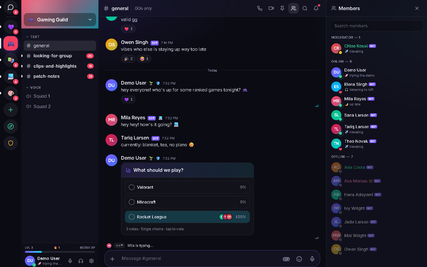 Pulse desktop app โ a server channel with messages, reactions and member list