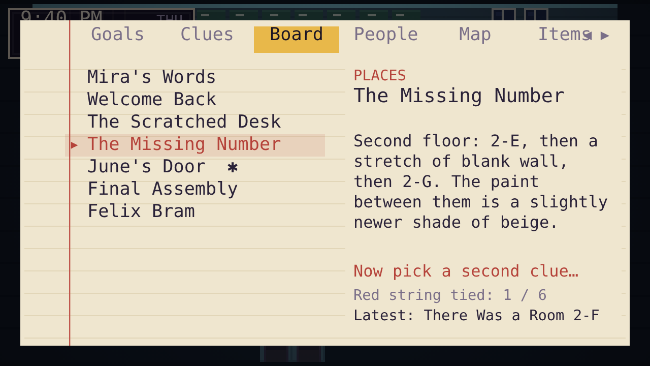 The notebook evidence board with clues
