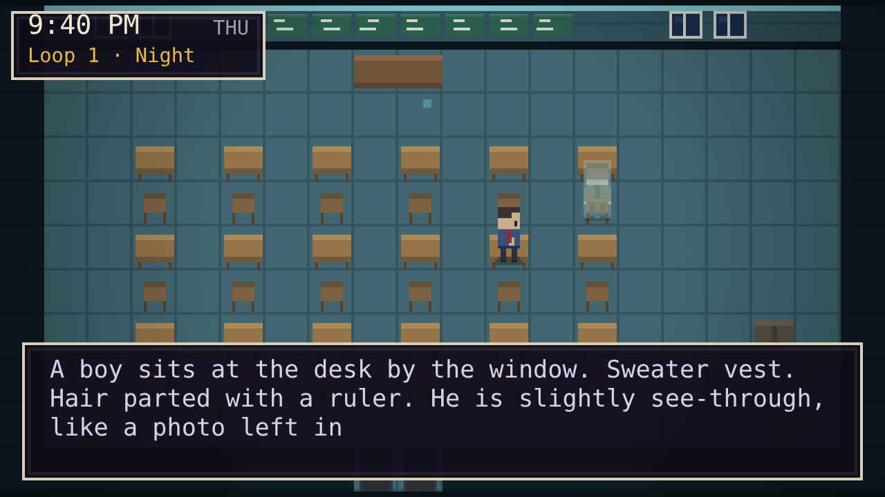 A see-through boy waits in the sealed classroom 2-F at night