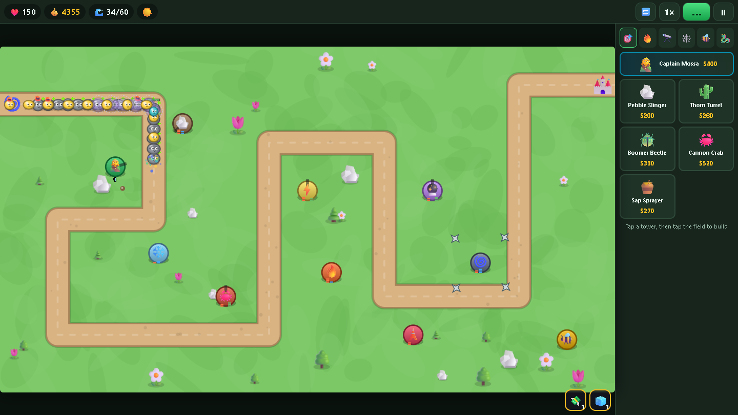 Slimefall gameplay: towers defending a winding path from slimes